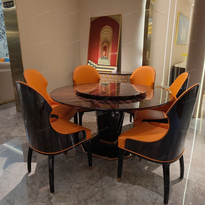 Round Dining Table with High-Gloss Geometric Wood Veneer and Integrated Rotating Tray